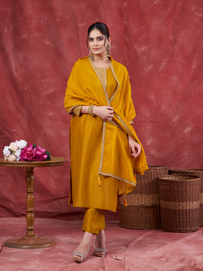 Mustard Embroidered Chinon Kurta with Dupatta Set | kurta sets for women | frontside full view