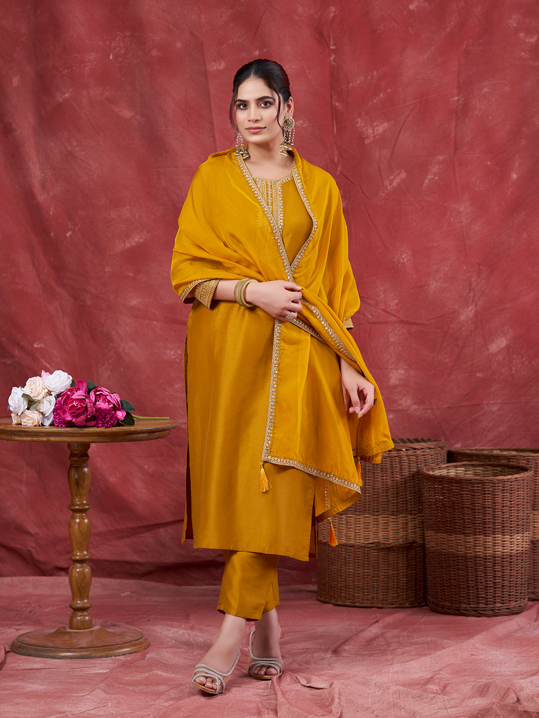 Mustard Embroidered Chinon Kurta with Dupatta Set | kurta sets for women | frontside full view