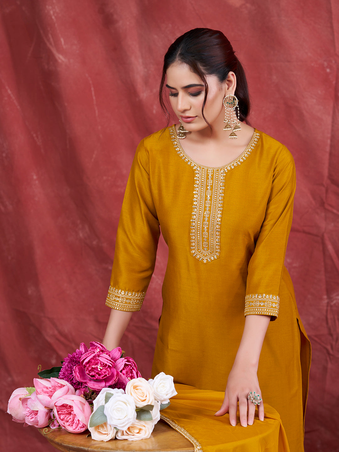 Mustard Embroidered Chinon Kurta with Dupatta Set | kurta sets for women |without dupatta view