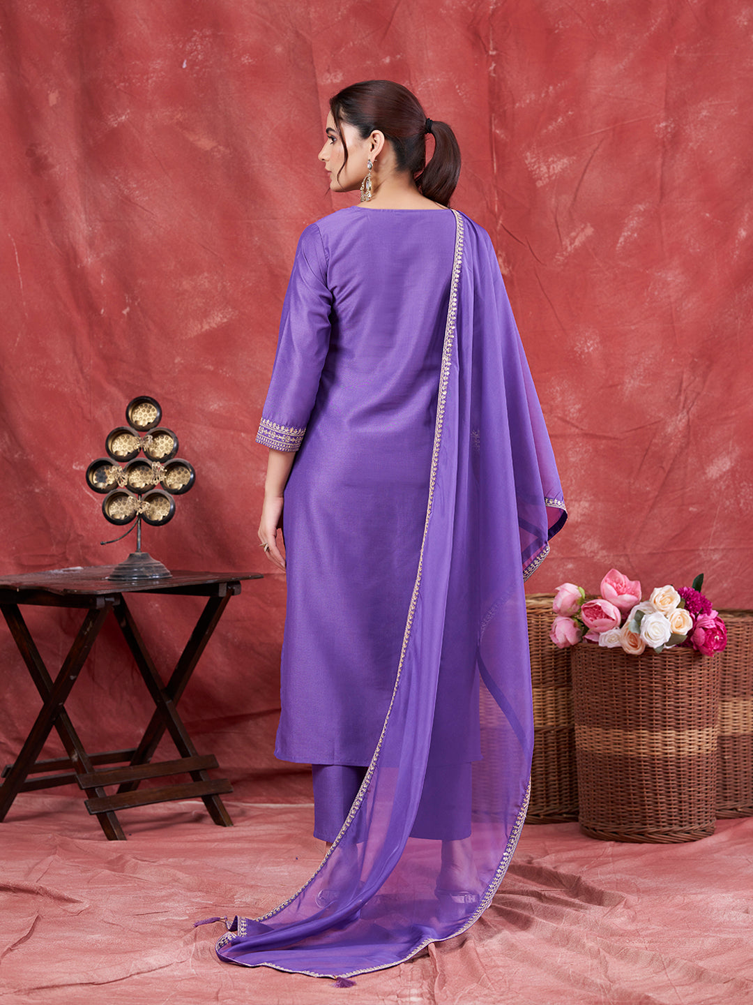 Lavender Embroidered Chinon Kurta with Dupatta Set | kurti set for women| backside view