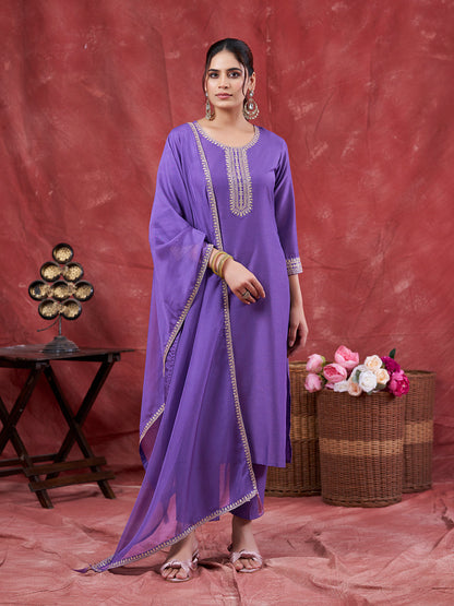 Lavender Embroidered Chinon Kurta with Dupatta Set | kurti set for women| Frontside oneside dupatta view