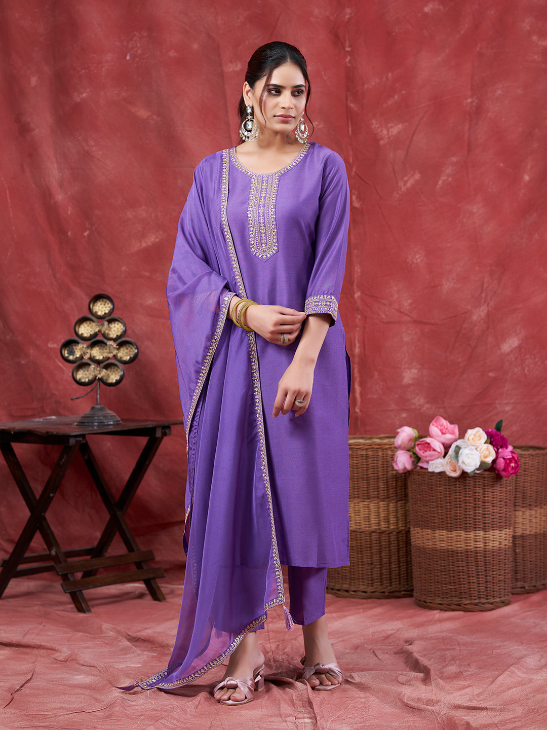 Lavender Embroidered Chinon Kurta with Dupatta Set | kurti set for women| Frontside Full view