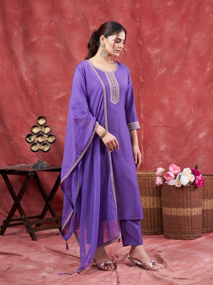 Lavender Embroidered Chinon Kurta with Dupatta Set | kurti set for women| rightside view