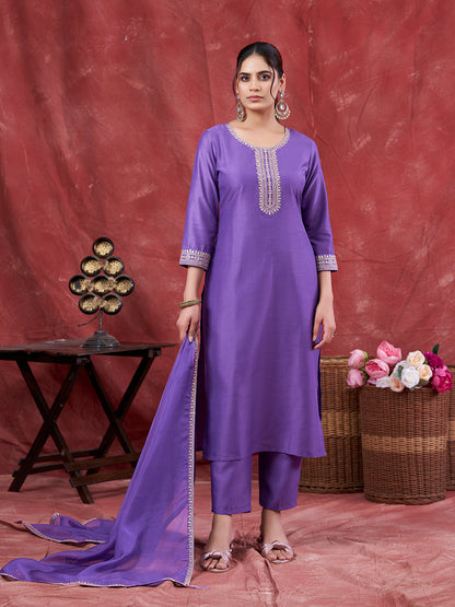 Lavender Embroidered Chinon Kurta with Dupatta Set | kurti set for women| Frontside  without dupatta  view