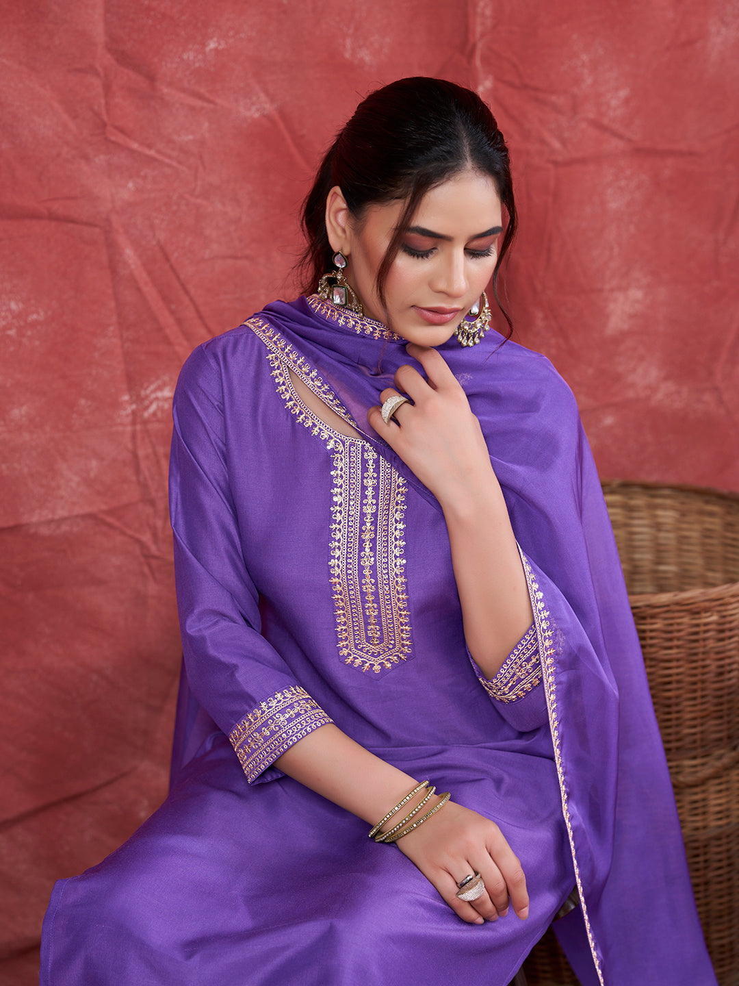 Lavender Embroidered Chinon Kurta with Dupatta Set | kurti set for women| Frontside half view