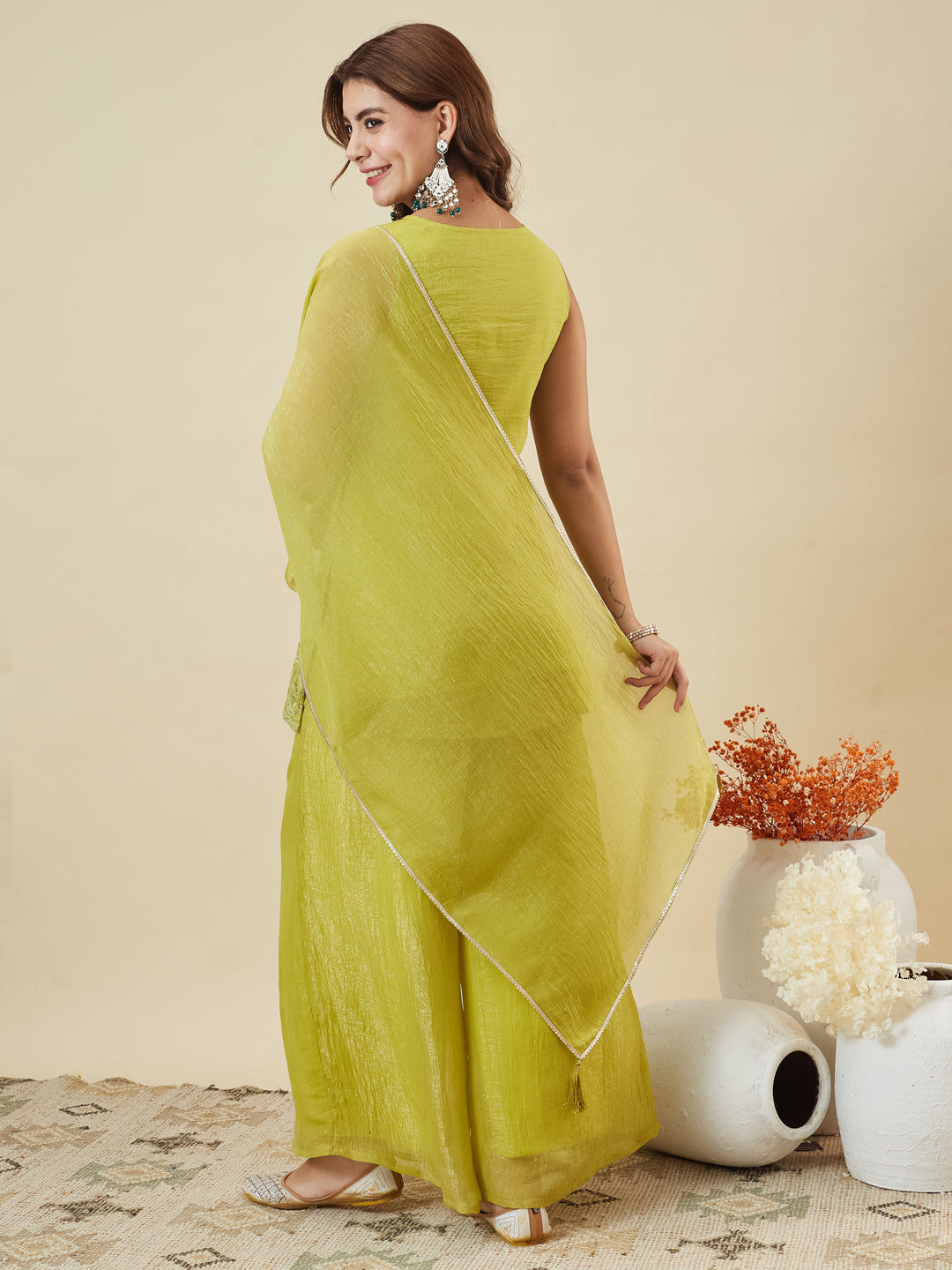 Neon Silk Embroidered Palazzo Suit with Dupatta | backside image