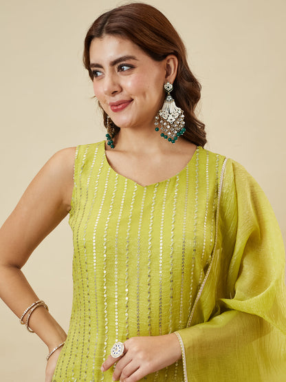 Neon Silk Embroidered Palazzo Suit with Dupatta | half image