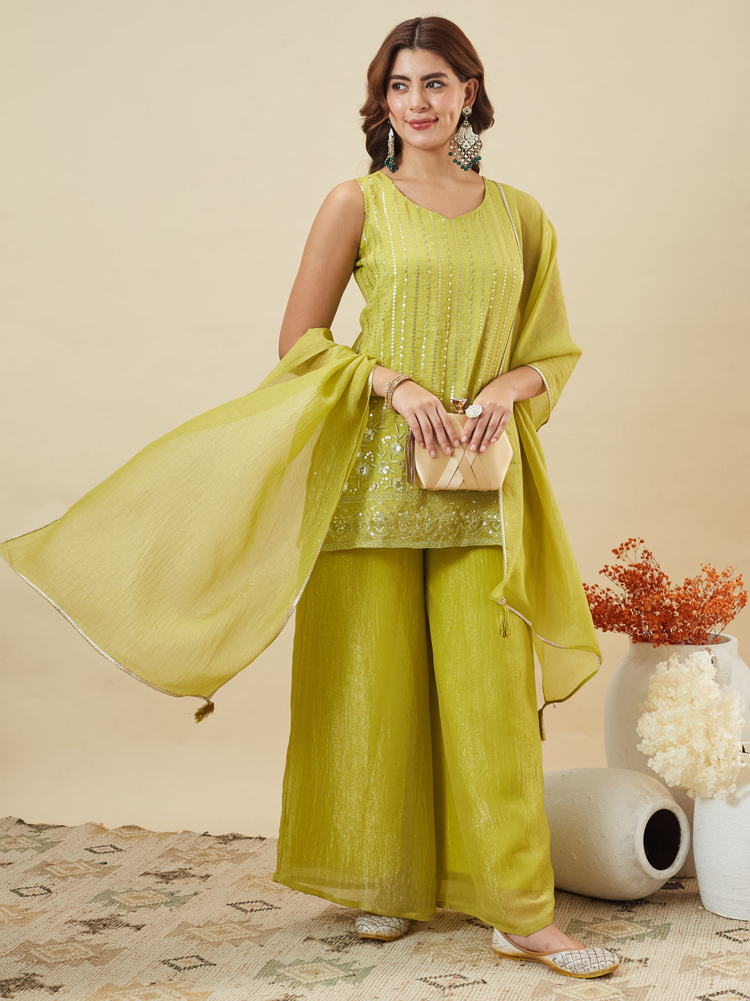 Neon Silk Embroidered Palazzo Suit with Dupatta | left side dupatta image