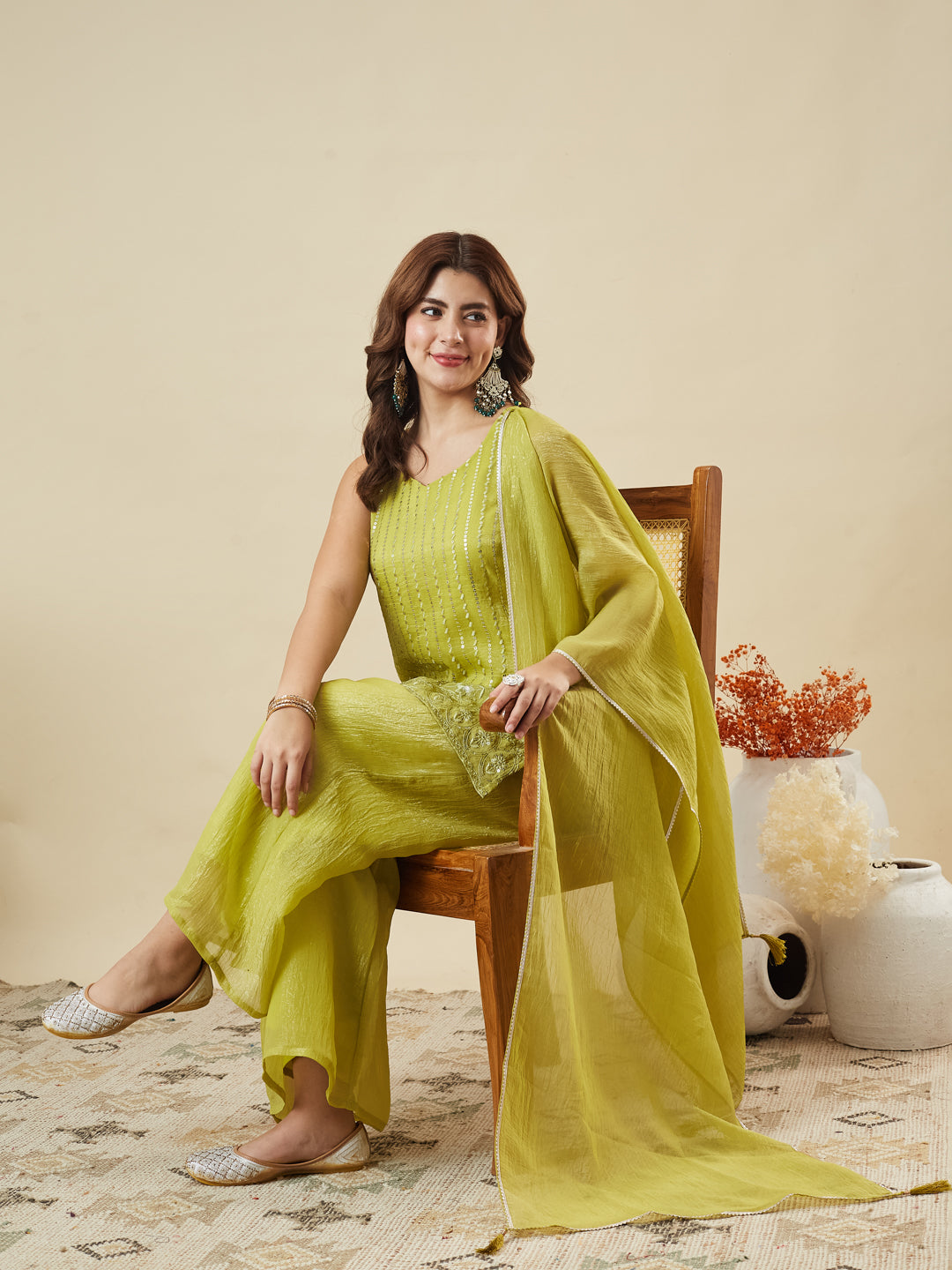 Neon Silk Embroidered Palazzo Suit with Dupatta | left side image