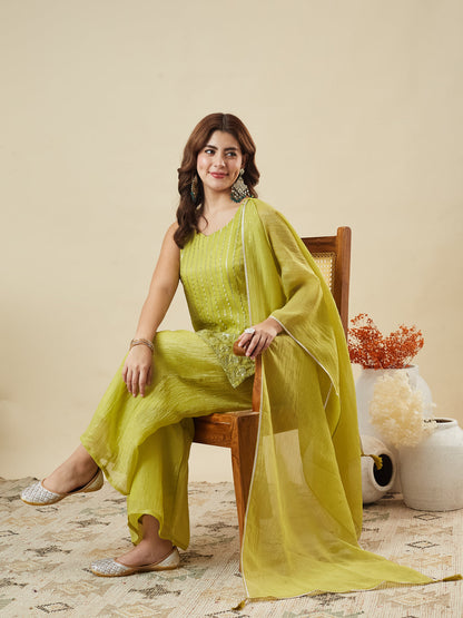 Neon Silk Embroidered Palazzo Suit with Dupatta | left side image