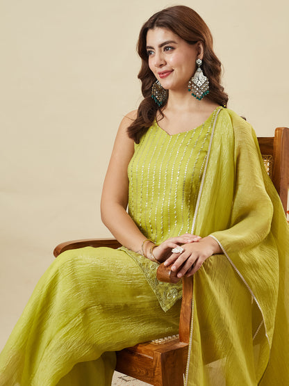 Neon Silk Embroidered Palazzo Suit with Dupatta | siting image
