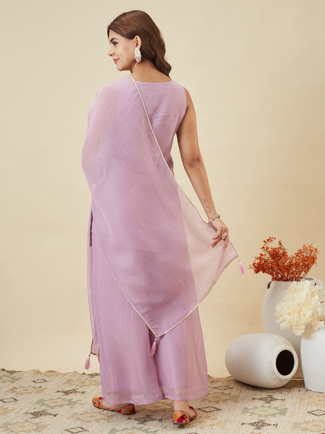 Lavender Silk Embroidered Palazzo Suit with Dupatta | back side
