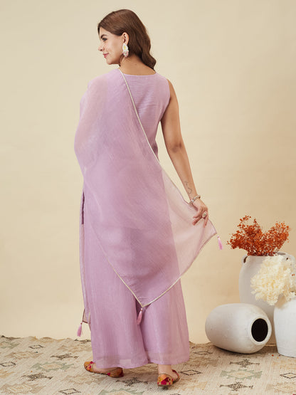 Lavender Silk Embroidered Palazzo Suit with Dupatta | back side