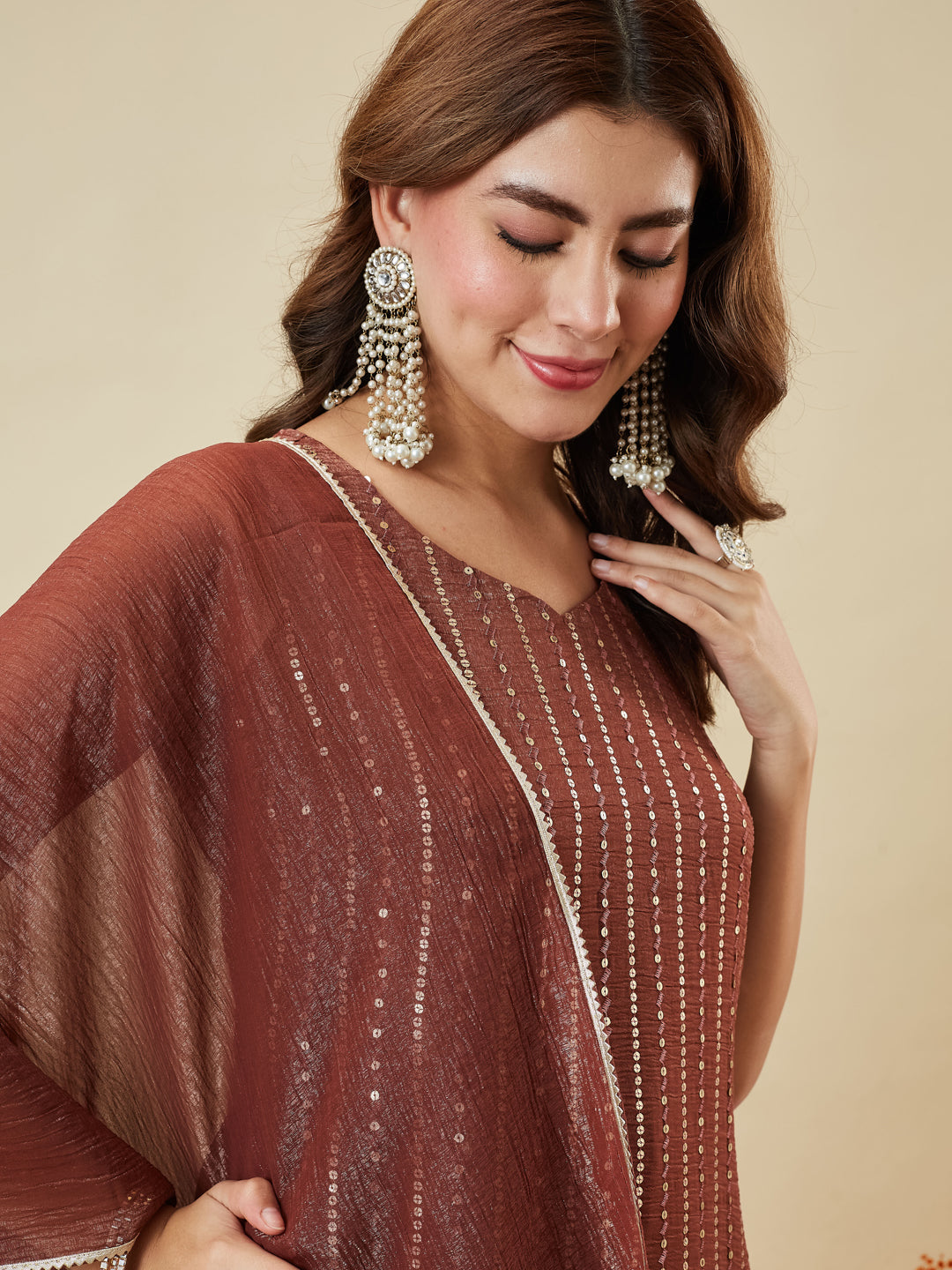 Coffee Silk Embroidered Straight Suit Set with Dupatta | right side half image