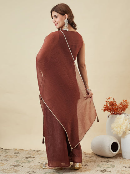 Coffee Silk Embroidered Straight Suit Set with Dupatta | back side full image