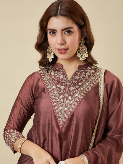 Berry Brown Silk Embroidered Kurta Sharara Suit With Dupatta