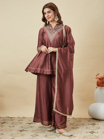 Berry Brown Silk Embroidered Kurta Sharara Suit With Dupatta