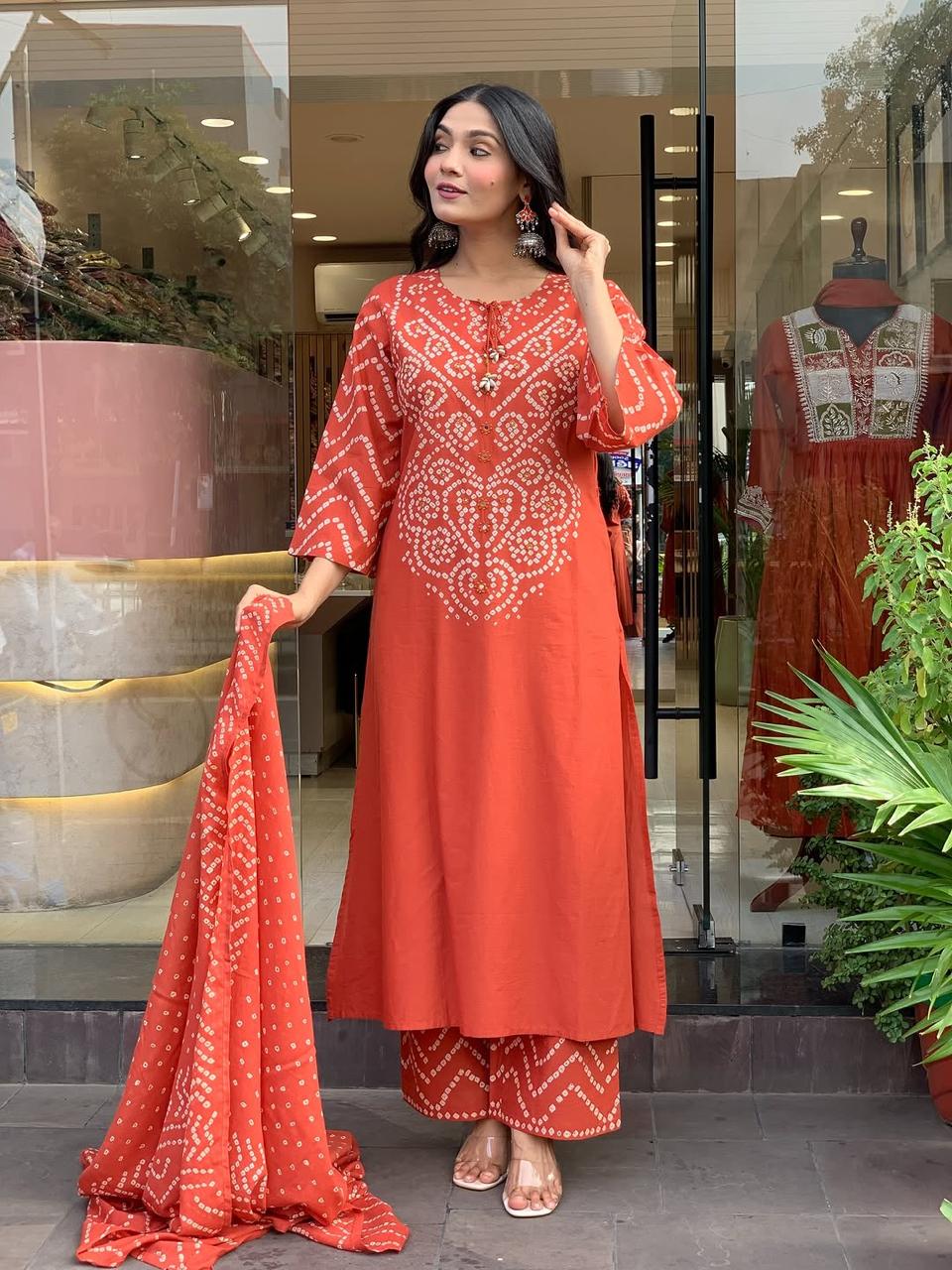 Ethenika Trending Mirror Work Bandhani 3Pc Kurti Pant Dupatta Set