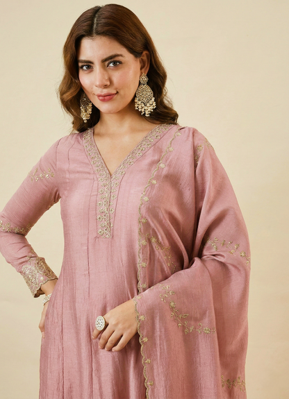 Pink Silk Embroidered Anarkali Kurta Set with Dupatta