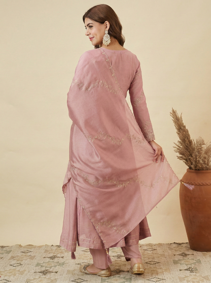 Pink Silk Embroidered Anarkali Kurta Set with Dupatta