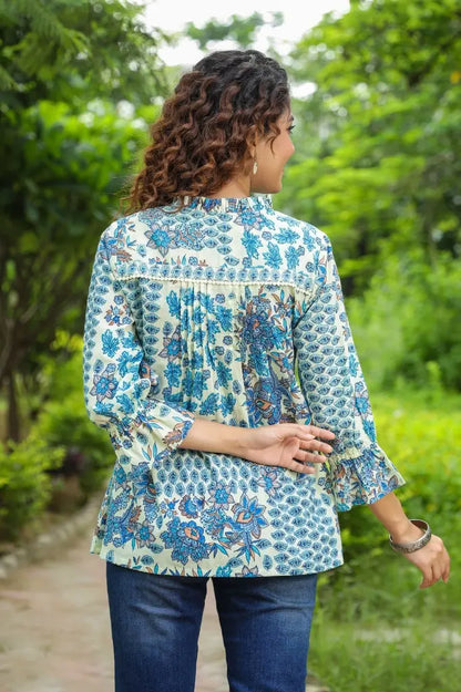 Blue Floral Ruffle Sleeve Top