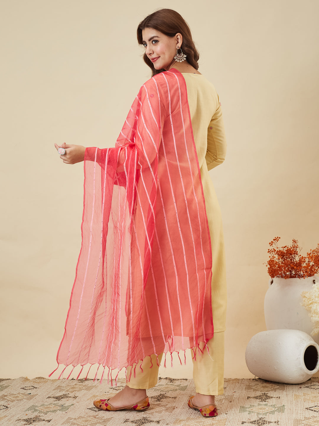 Yellow Embroidered Chinon Kurta with Dupatta Set for womens |  embroidered kurta set for women | Backside full view