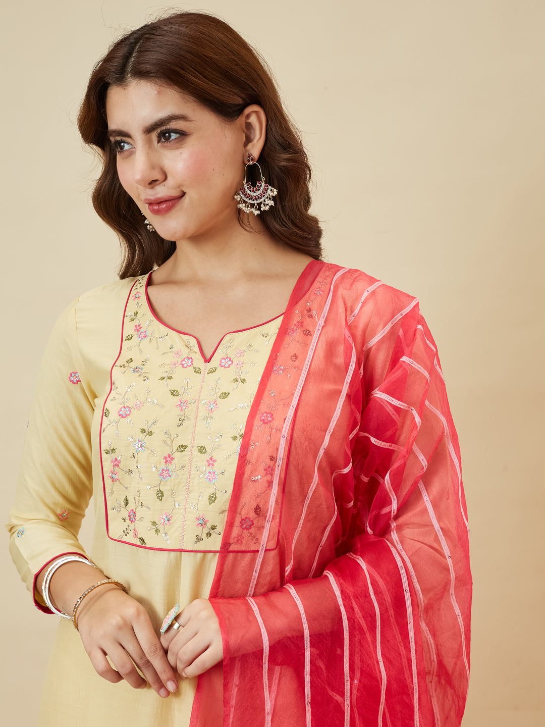 Yellow Embroidered Chinon Kurta with Dupatta Set for womens |  embroidered kurta set for women | frontside full view one side dupatta