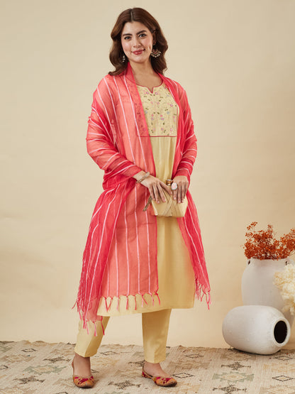 Yellow Embroidered Chinon Kurta with Dupatta Set for womens |  embroidered kurta set for women | frontside full view