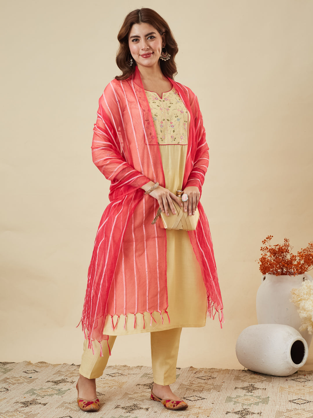 Yellow Embroidered Chinon Kurta with Dupatta Set for womens |  embroidered kurta set for women | frontside full view