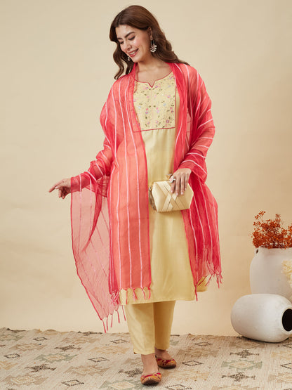 Yellow Embroidered Chinon Kurta with Dupatta Set for womens |  embroidered kurta set for women | frontside full view with dupatta