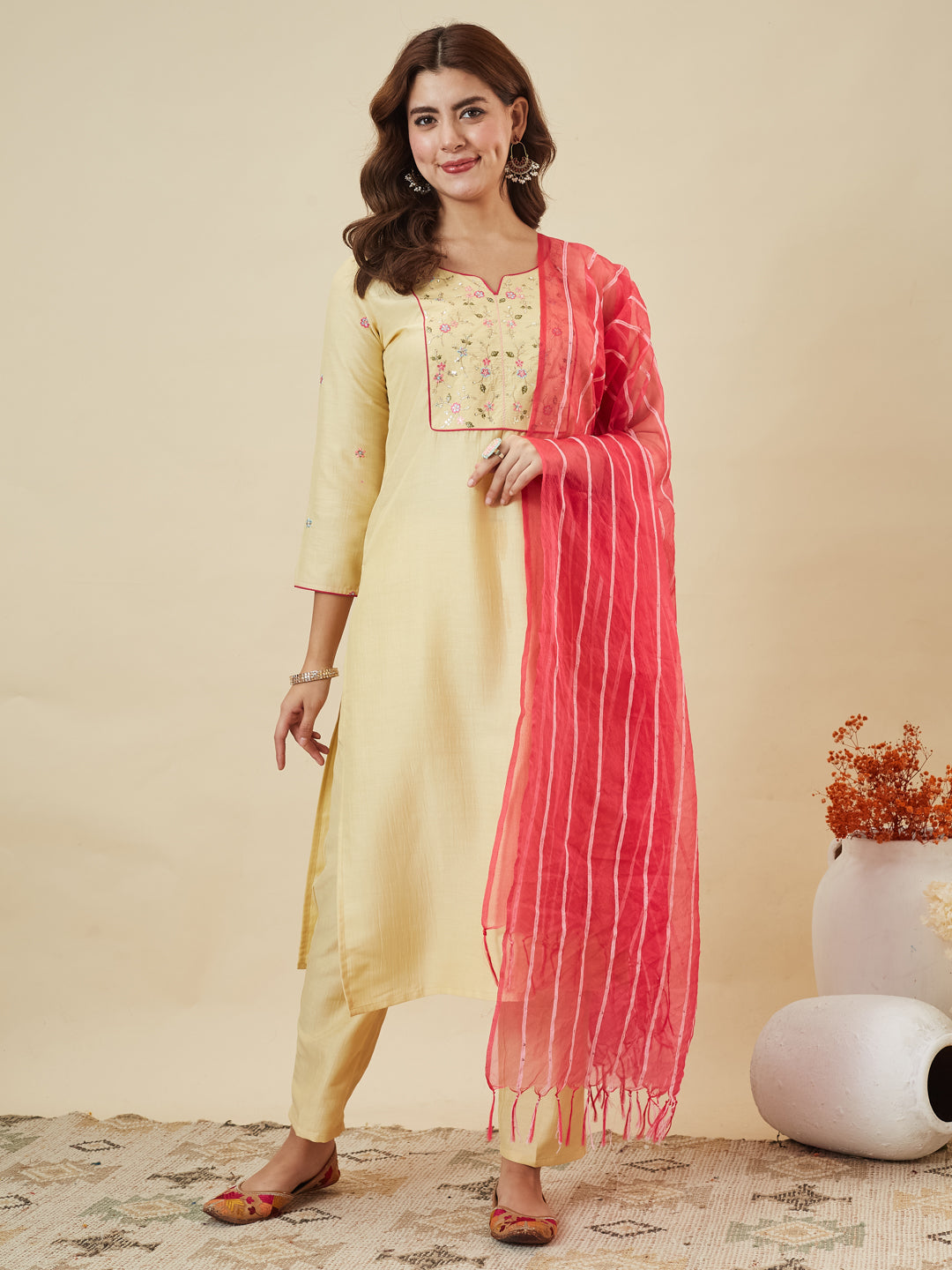 Yellow Embroidered Chinon Kurta with Dupatta Set for womens |  embroidered kurta set for women | frontside full view