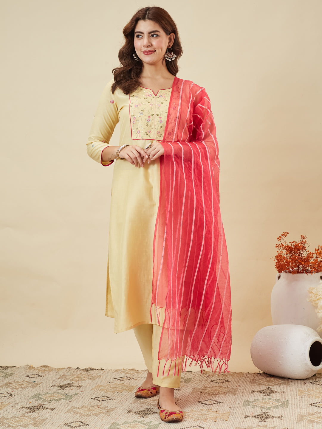 Yellow Embroidered Chinon Kurta with Dupatta Set for womens |  embroidered kurta set for women | frontside full view