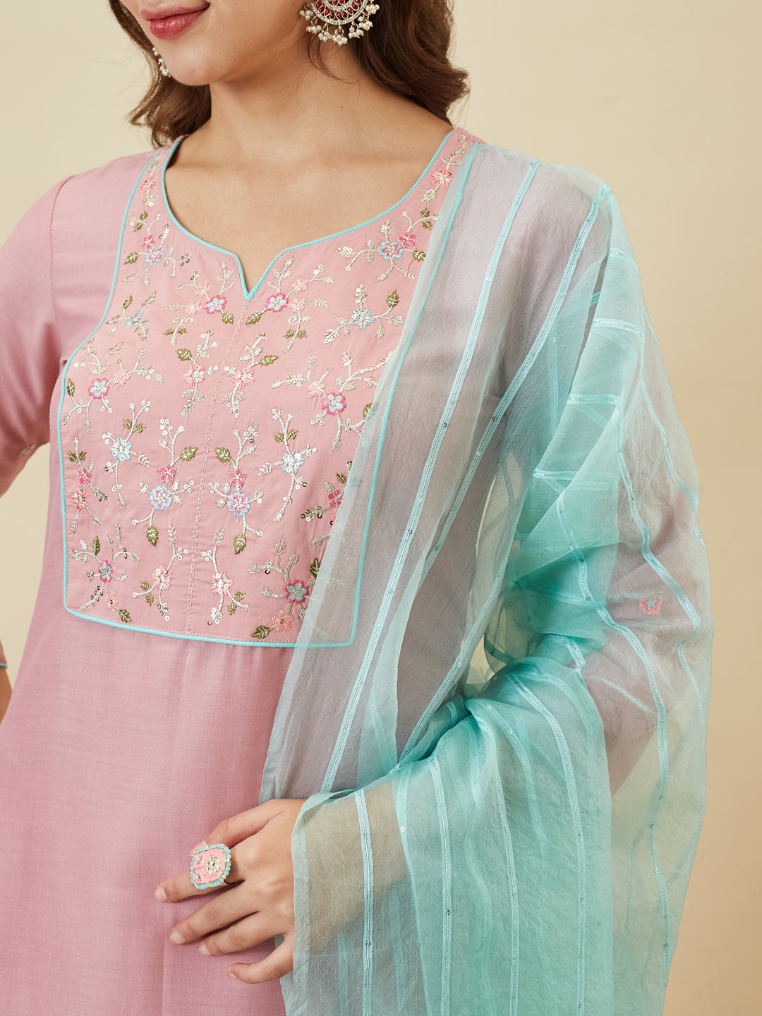 Pink Embroidered Chinon Kurta with Dupatta Set for womens | embroidered kurta set for women | neckside design  view