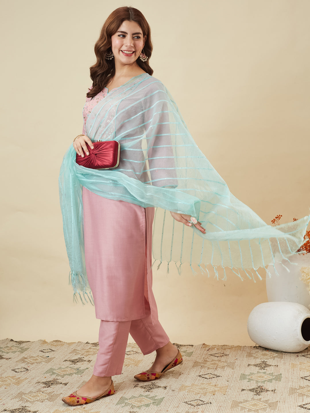 Pink Embroidered Chinon Kurta with Dupatta Set for womens | embroidered kurta set for women | leftside view