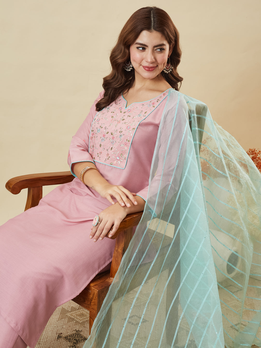 Pink Embroidered Chinon Kurta with Dupatta Set for womens | embroidered kurta set for women | Frontside view