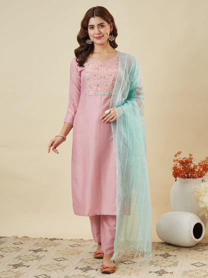 Pink Embroidered Chinon Kurta with Dupatta Set for womens | embroidered kurta set for women | Frontside view