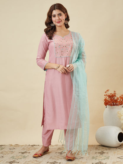 Pink Embroidered Chinon Kurta with Dupatta Set for womens | embroidered kurta set for women | Frontside Full view