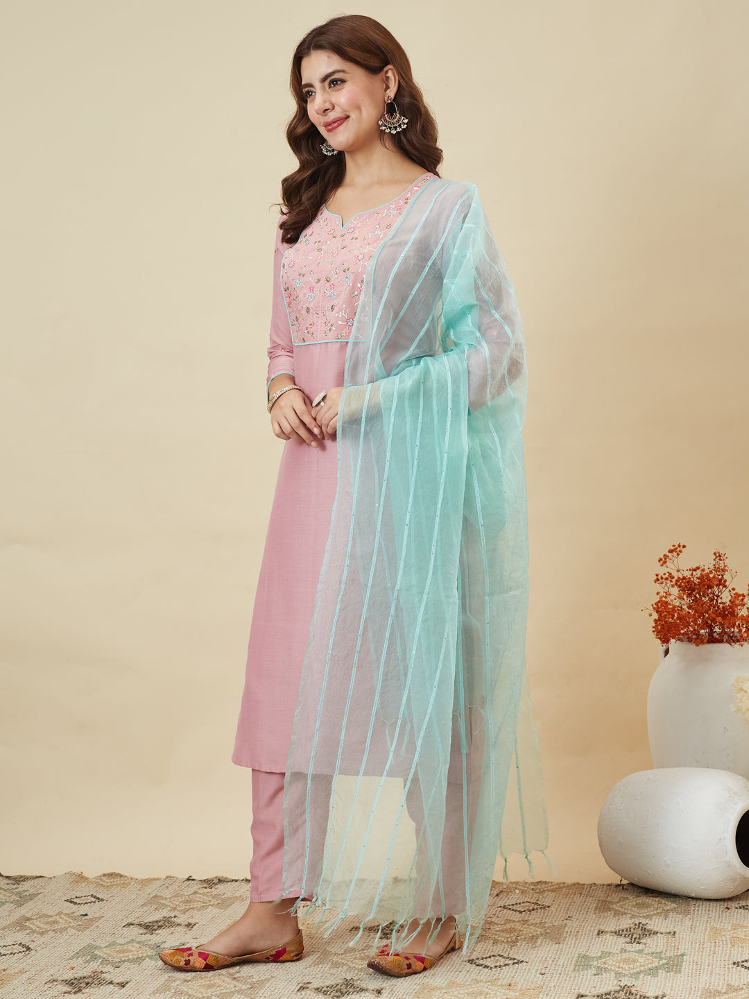 Pink Embroidered Chinon Kurta with Dupatta Set for womens | embroidered kurta set for women | Frontside  with dupatta view