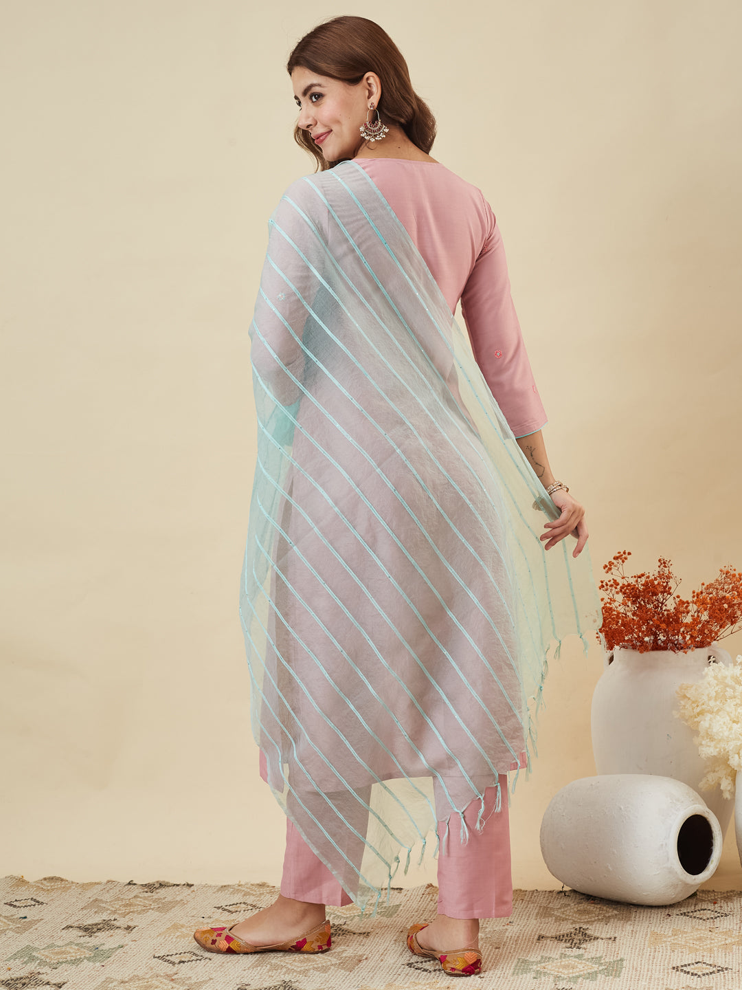 Pink Embroidered Chinon Kurta with Dupatta Set for womens | embroidered kurta set for women | backside view
