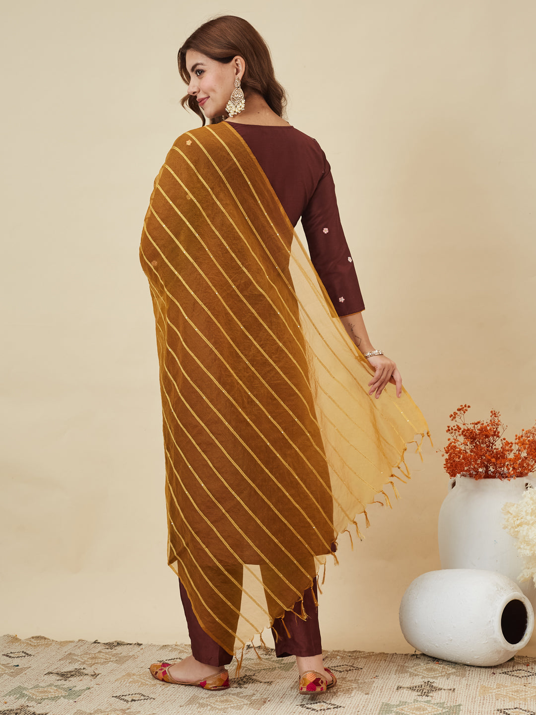 Coffee Embroidered Chinon Kurta with Dupatta Set for womens | kurta sets for women | backside view