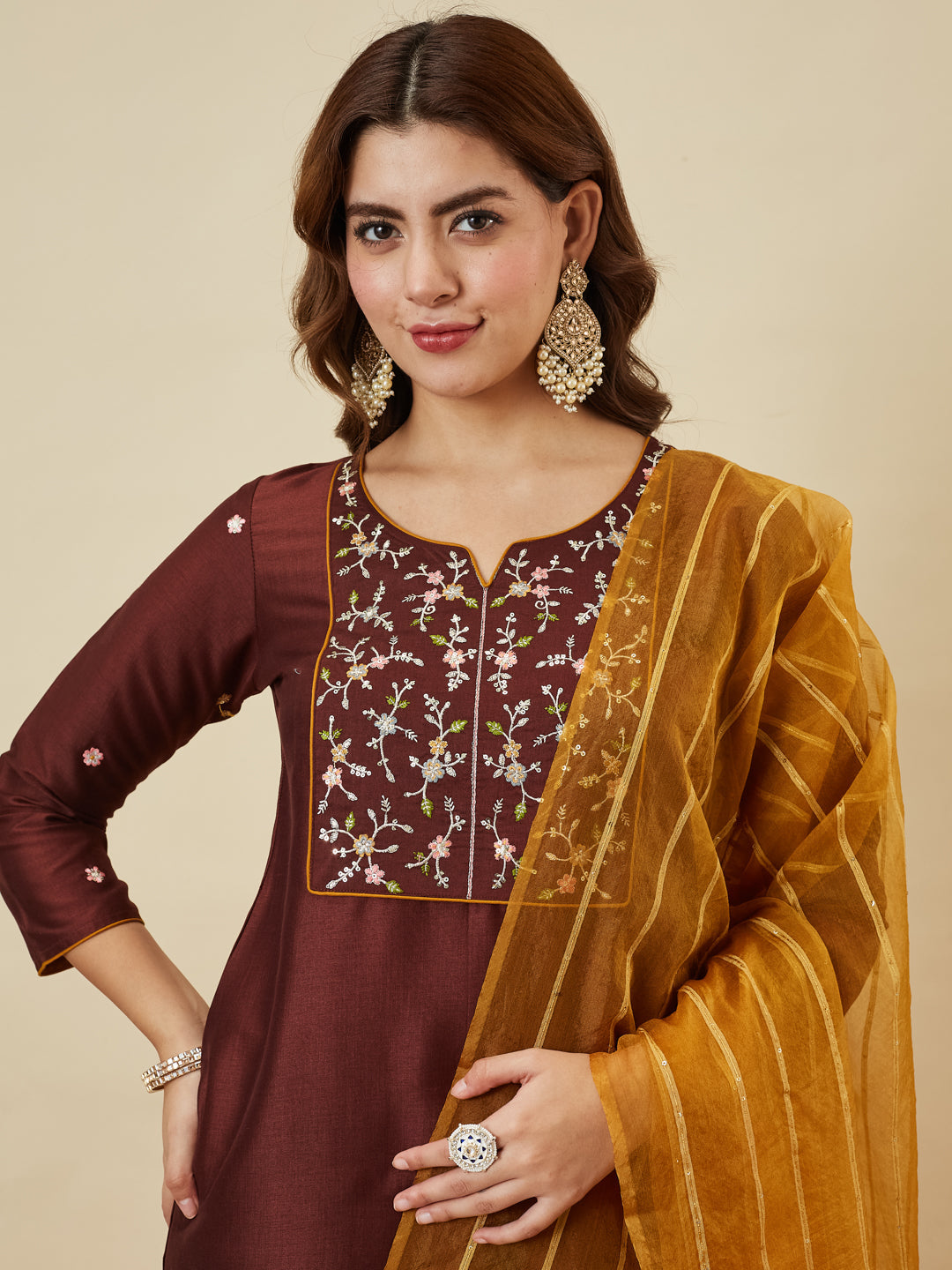 Coffee Embroidered Chinon Kurta with Dupatta Set for womens | kurta sets for women | front side view