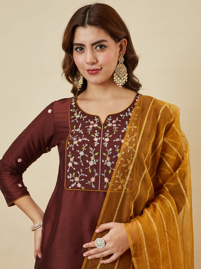 Coffee Embroidered Chinon Kurta with Dupatta Set for womens | kurta sets for women | front side view