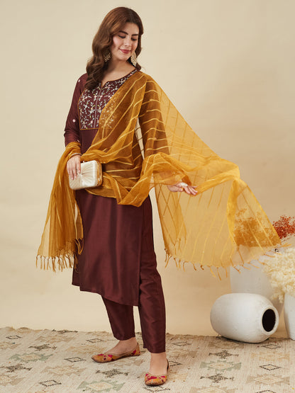 Coffee Embroidered Chinon Kurta with Dupatta Set for womens | kurta sets for women 