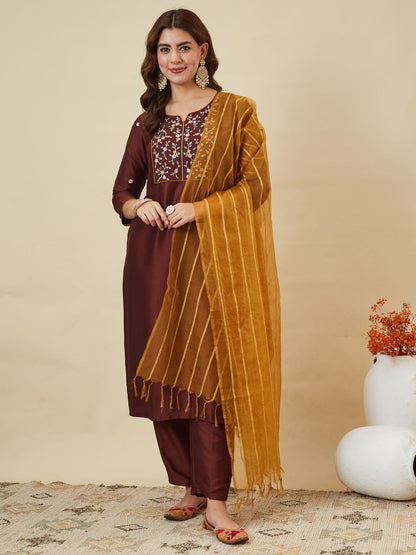 Coffee Embroidered Chinon Kurta with Dupatta Set for womens | kurta sets for women | front side with oneside dupatta view