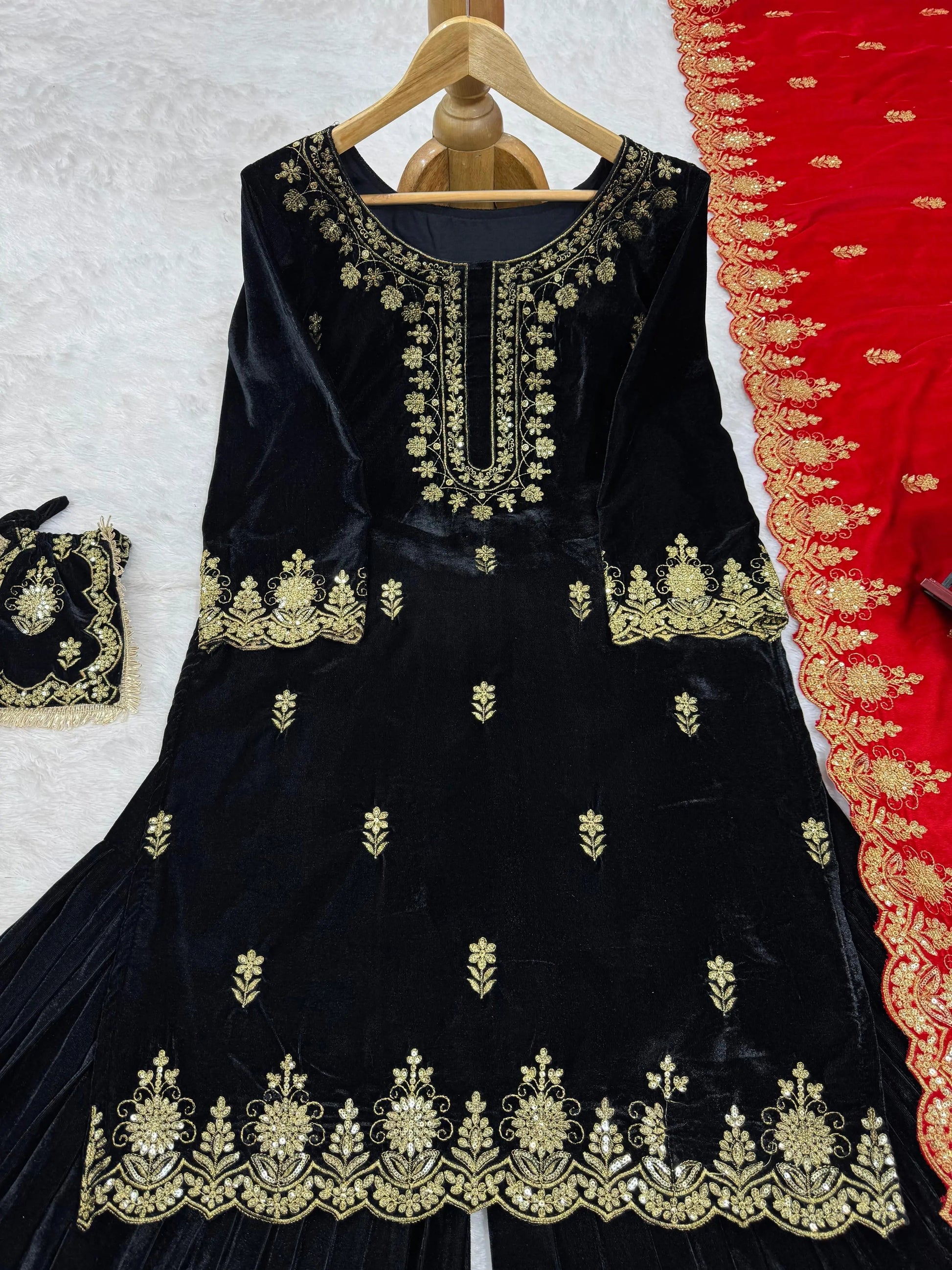 Ethenika Fine Velvet Golden Thread Embroidery work Velvet Kurti Sharara - Premium  from Ethenika.com  - Just INR 4990! Shop now at Ethenika.com 