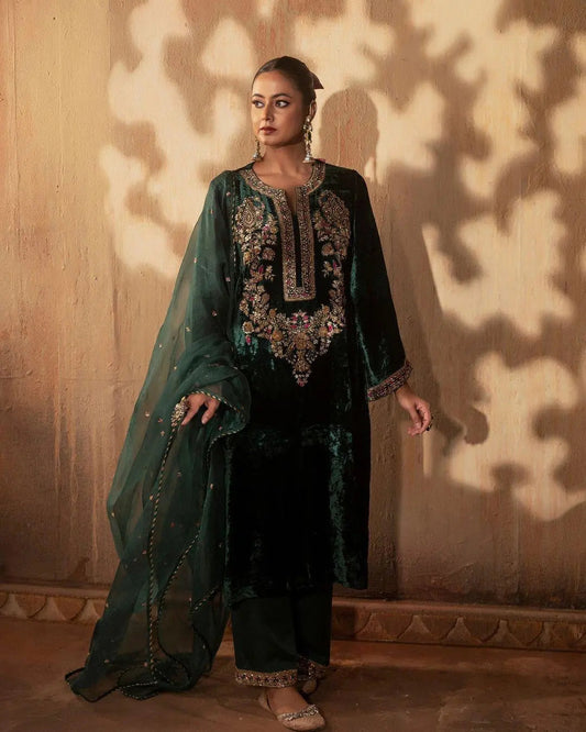 Neck Embroidery Work Winter Wear Velvet Kurti Pant Dupatta Set - Premium  from Ethenika.com  - Just INR 2590! Shop now at Ethenika.com 