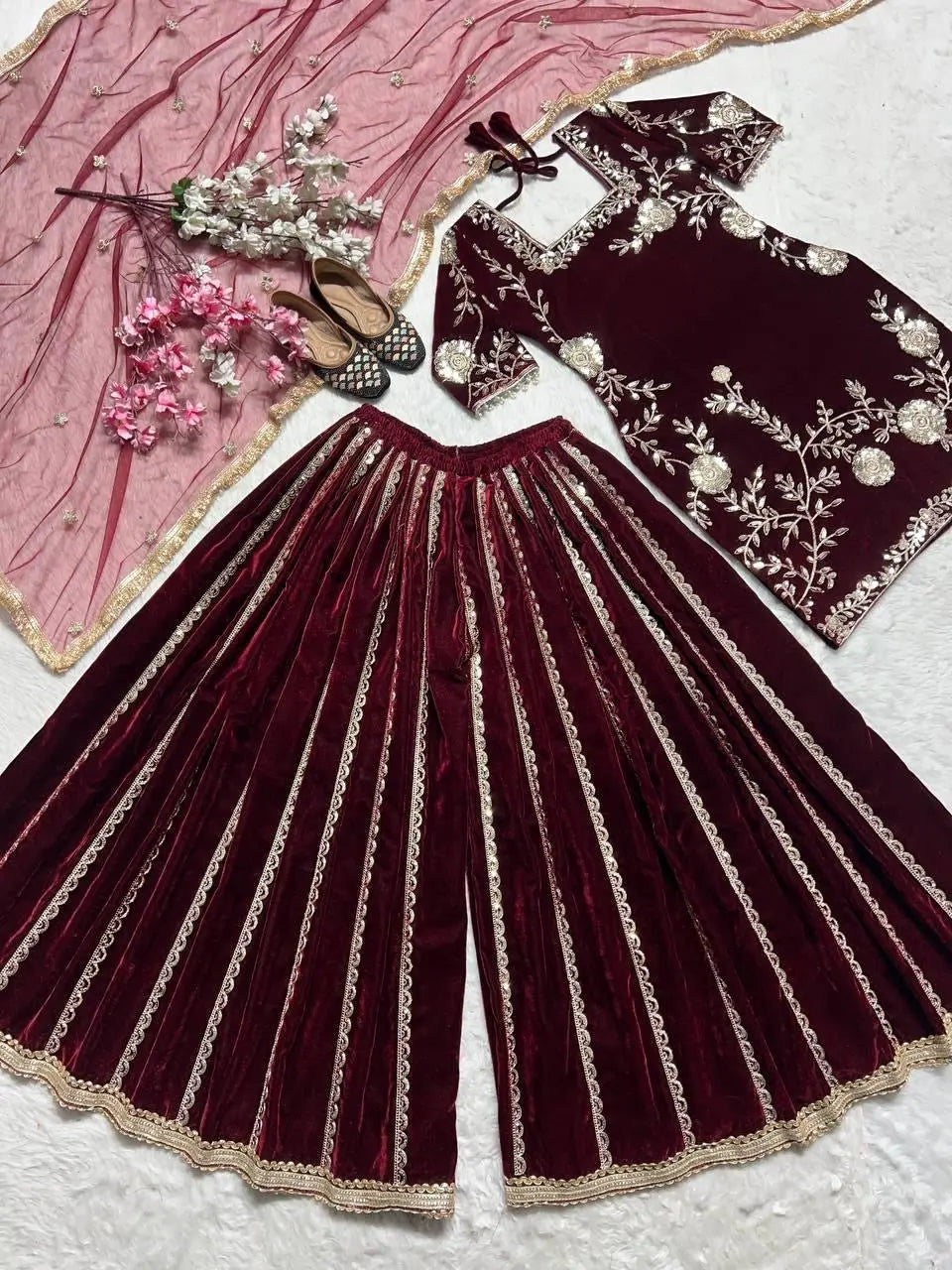 Pure Viscos Heavy Velvet Embroidery Work Velvet Kurti Sharara Set - Premium  from Ethenika.com  - Just INR 4590! Shop now at Ethenika.com 
