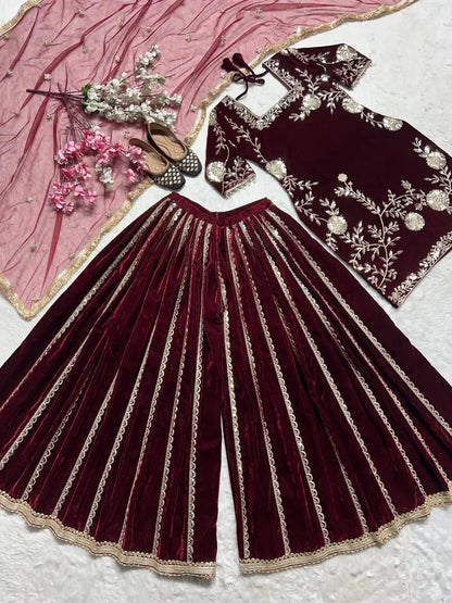 Pure Viscos Heavy Velvet Embroidery Work Velvet Kurti Sharara Set - Premium  from Ethenika.com  - Just INR 4590! Shop now at Ethenika.com 