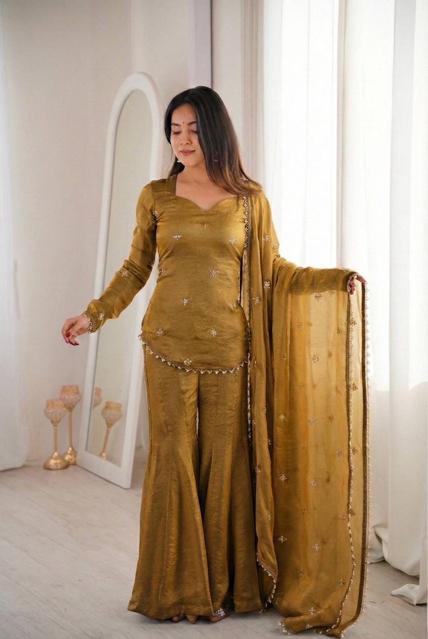 Fendy Silk Embroidery Work Kurti Sharara Dupatta Set