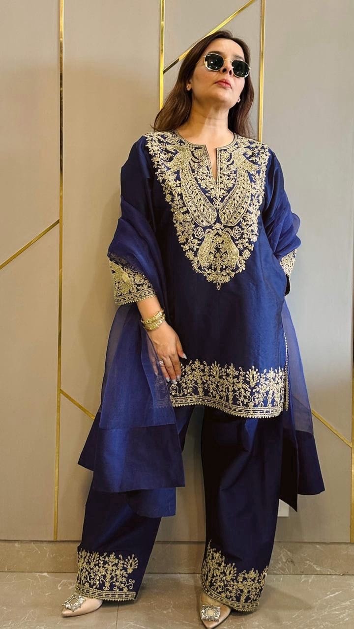 Chinon Silk Zari Embroidery Work Designer Kurti Pant Dupatta Set (Ready to Wear)